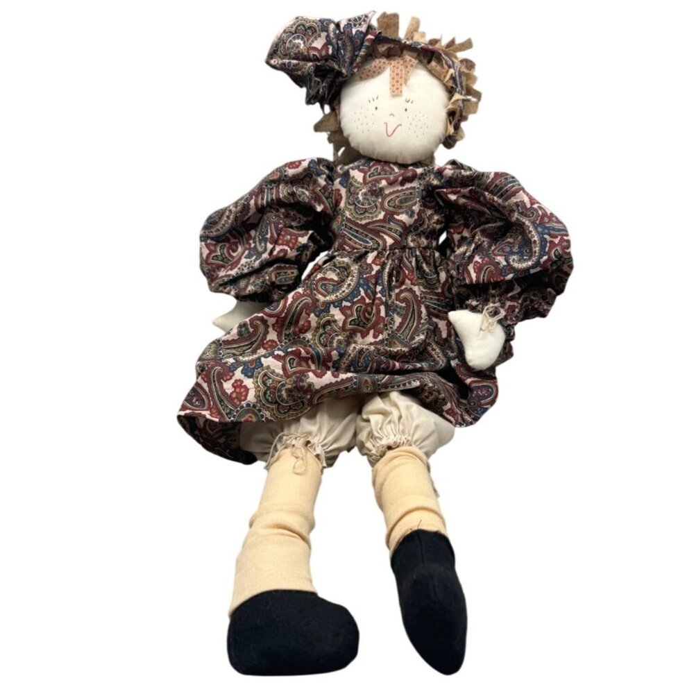 Vintage Handmade Rag Doll Paisley Dress & bow ribbon 25" brown READ